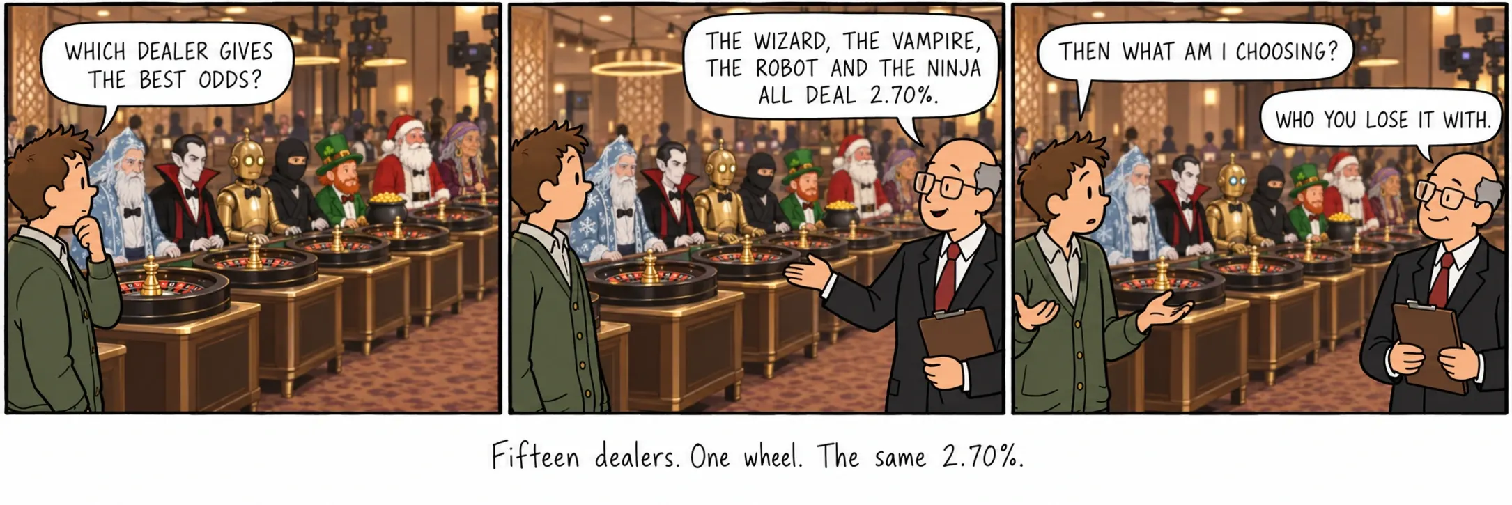 十五名荷官。一個轉輪。相同的2.70%。